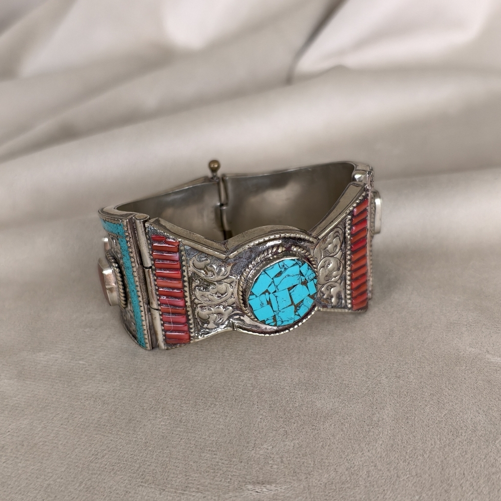 Antique Handmade Tibetan Turquoise and Red Coral Sterling Silver Bracelet